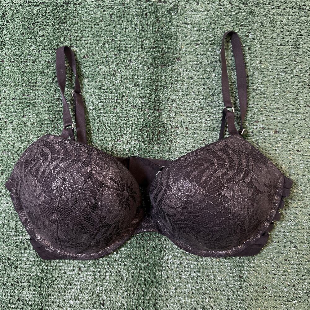 Victoria's Secret Women’s Bra 34DD Demi Lace Push Up Very Sexy Black Silver